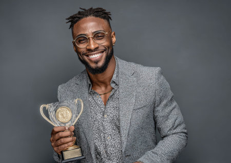 Confident male figure in a fashionable suit, holding a trophy, symbolizing victory and accomplishment, set against a simple backdrop that enhances the momentの素材