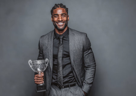 Confident male figure in a gray suit, holding a trophy, stands against a neutral backdrop, representing victory, achievement, and professional successの素材