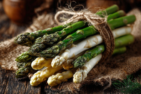 Bundled fresh asparagus, both green and white, displayed on a rustic wooden surface, highlighting natural textures and colors, perfect for food photography and culinary inspirationの素材