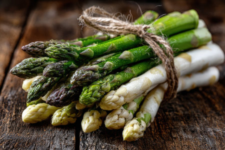 Fresh asparagus, both green and white, tied with twine, displayed on a rustic wooden surface, highlighting natural textures and colors for culinary inspirationの素材