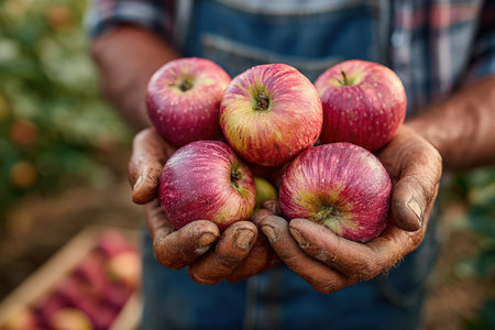 Agricultural worker displays freshly picked red apples in hands, highlighting the rich colors and textures, with an orchard backdrop filled with greenery and ripe fruitの素材