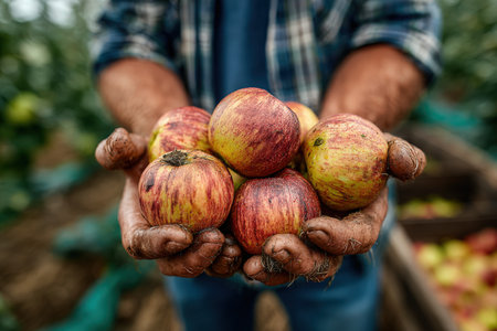 Farmer displays freshly picked apples in hands, surrounded by a thriving orchard, highlighting the rich colors and textures of the fruit, representing hard work and natureの素材