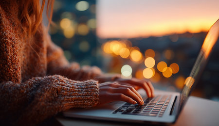 Woman with long hair, dressed in a warm sweater, is engaged in typing on a laptop during sunset, with vibrant city lights creating a beautiful ambianceの素材