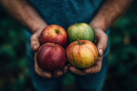 Hands display assorted fresh apples, featuring red and green varieties, with rich textures and colors, set against a backdrop of lush greenery and natureの素材