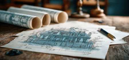 Detailed architectural blueprint illustration of a classic house design on a wooden table, surrounded by rolled plans and a pen, highlighting the creative processの素材