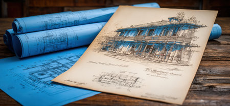 Detailed architectural illustration of a building design, featuring rolled blueprints on a wooden surface, highlighting the artistry and precision of architectural workの素材