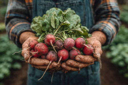 Hands present freshly picked radishes with vibrant green leaves, highlighting the beauty of organic farming and the earthy textures of soil and produceの素材