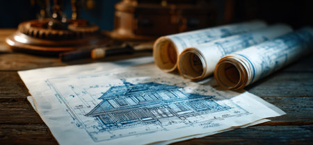 Detailed architectural blueprint of a house design, rolled plans on a wooden table, highlighting craftsmanship and creativity in a warm, inviting workspace atmosphereの素材