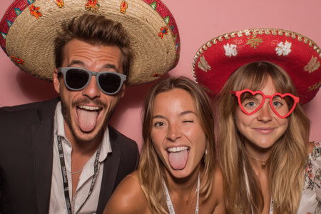 Three friends are playfully posing with sombreros and sunglasses, showcasing their fun personalities against a bright pink backdrop, creating a lively celebration vibeの素材