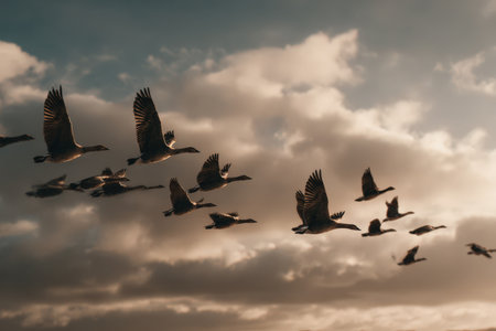 Group of birds flying elegantly against a backdrop of clouds, capturing the essence of freedom and nature's beauty in a tranquil settingの素材