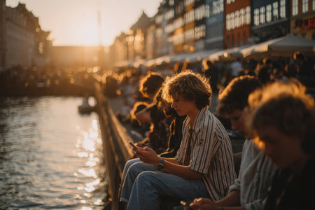 Male with curly hair, dressed in a striped shirt, sits by a canal at sunset, surrounded by others, capturing the lively ambiance of the eveningの素材