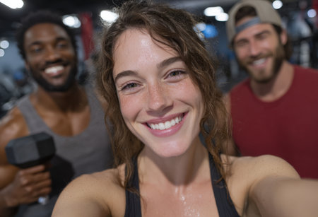 Diverse group of friends smiling for a selfie in a gym, highlighting their fitness journey and positive energy in a lively workout atmosphereの素材