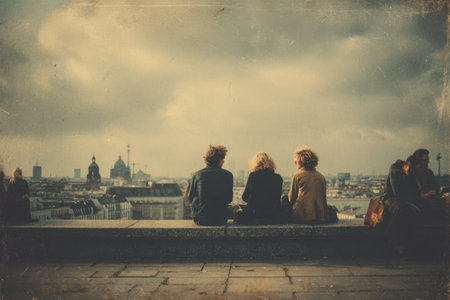 Three individuals are seated on a ledge, enjoying a scenic city view under a dramatic sky, creating an atmosphere of friendship and reflectionの素材