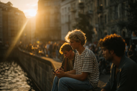 Young men are seated along a canal, enjoying the sunset while using their smartphones, immersed in a vibrant urban environment filled with people and energyの素材