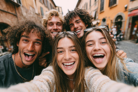 Diverse group of young adults captures a joyful selfie in a lively street, surrounded by historic architecture and vibrant atmosphere, celebrating friendship and funの素材