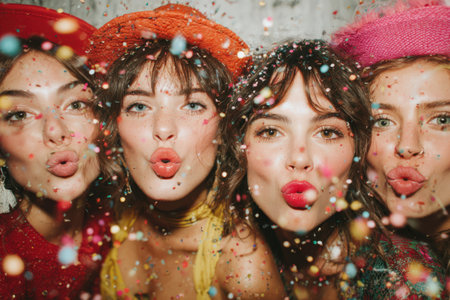 Four young women with colorful hats and bright makeup are celebrating together, surrounded by colorful confetti, embodying joy and friendship in a lively settingの素材