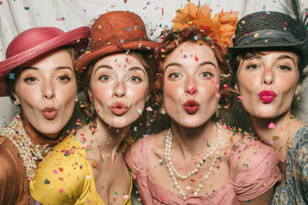 Four women in vibrant hats and vintage outfits are celebrating together, surrounded by colorful confetti, embodying joy and camaraderie in a lively settingの素材