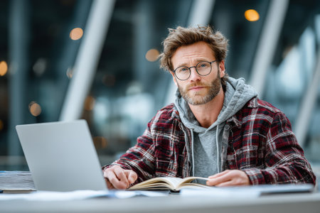 Male individual with glasses is engaged in studying a book while using a laptop in a contemporary workspace, highlighting concentration and dedication to learningの素材