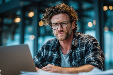 Male individual with curly hair and glasses is engaged with laptop in contemporary workspace, illuminated by soft lighting, emphasizing focus and work environmentの素材