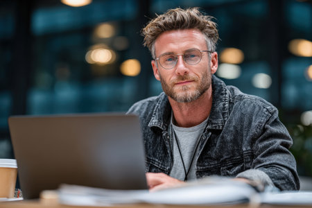Man with glasses is engaged in work on a laptop at a modern workspace, featuring soft lighting and contemporary decor, highlighting a productive atmosphereの素材