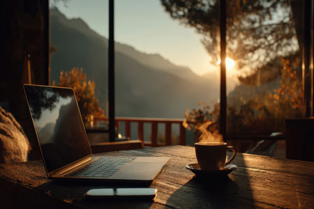 A warm and inviting workspace with a laptop and coffee cup on a rustic wooden table, showcasing a breathtaking mountain view and soft sunlight illuminating the sceneの素材