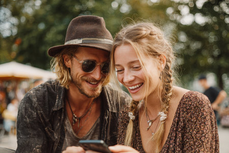 Couple sharing a joyful moment outdoors, looking at smartphone together, surrounded by greenery and vibrant atmosphere, showcasing happiness and companionshipの素材
