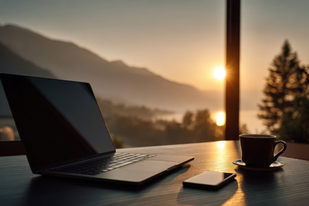 Workspace featuring laptop, smartphone, and coffee cup on wooden table, with breathtaking mountain view at sunrise, creating a peaceful and inspiring environmentの素材