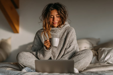 Female in comfortable gray attire sits on bed, sipping coffee while using laptop, surrounded by soft pillows and warm ambiance, creating a cozy atmosphereの素材