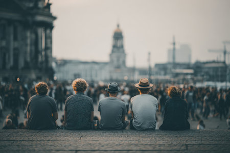 Friends are seated on steps, watching sunset over city skyline, with a bustling crowd in the background, capturing a moment of togetherness and tranquilityの素材