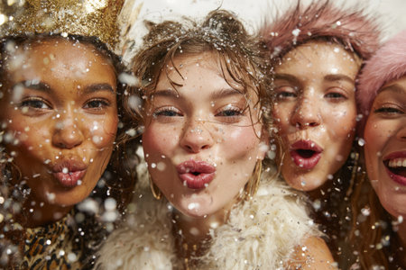 Diverse group of women enjoying celebration, wearing festive attire and accessories, with confetti falling around them, creating a joyful and vibrant atmosphereの素材