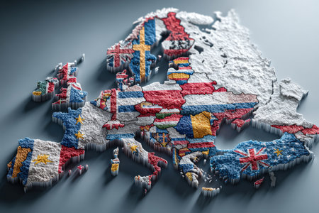 Detailed 3D illustration of Europe, displaying a textured map adorned with national flags, symbolizing cultural diversity and unity among European nationsの素材