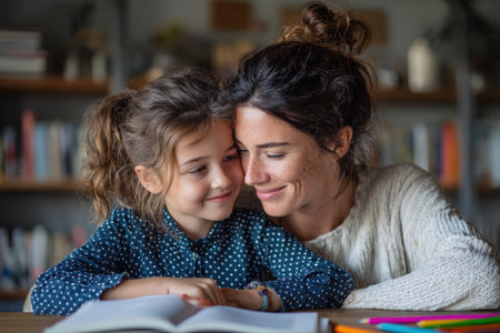 A mother and daughter are happily engaged in studying at a cozy table, surrounded by books and colorful stationery, emphasizing the bond of learning and loveの素材