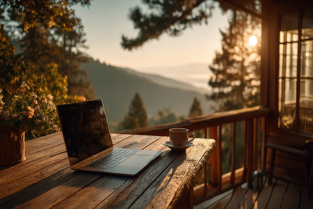 A laptop sits on a rustic wooden table next to a coffee cup, with a breathtaking mountain view and warm sunlight creating a peaceful remote work atmosphereの素材