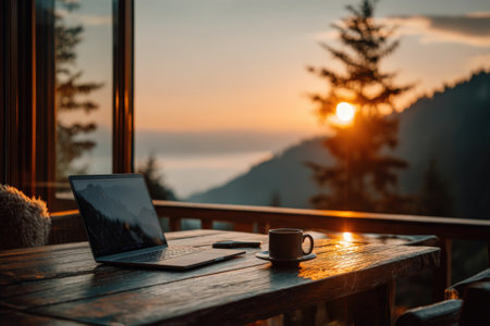 Rustic workspace with laptop and coffee cup on wooden table, overlooking stunning sunset and mountains, providing a peaceful environment for creative workの素材