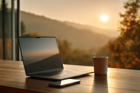 Laptop placed on a wooden table beside a coffee cup, with a beautiful sunset view over mountains, creating a peaceful and inspiring workspace environmentの素材