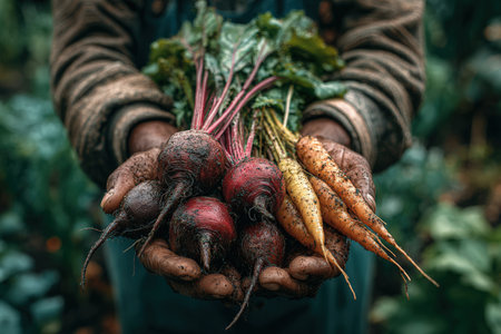 Hands display freshly harvested beetroots and carrots, highlighting rich colors and textures, with lush greenery in the background creating a natural atmosphereの素材