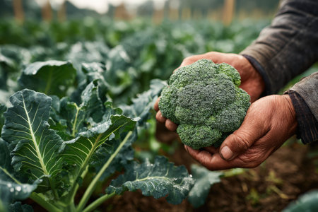 Farmer's hands display vibrant broccoli in a verdant field, surrounded by thriving crops, emphasizing the connection between nature and sustainable agricultureの素材