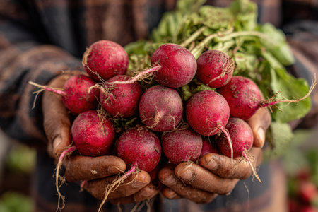 Hands holding freshly harvested red radishes, displaying vibrant colors and earthy textures, with green foliage in the background, emphasizing organic farming and healthy lifestyleの素材