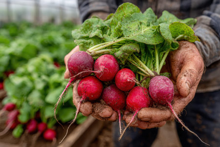 Hands holding freshly picked red radishes with green leaves, emphasizing organic farming and the beauty of nature in a lush garden environmentの素材