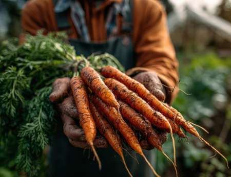 Gardener displays freshly harvested carrots with earthy hands, highlighting the vibrant orange roots and green tops amidst a flourishing garden environmentの素材
