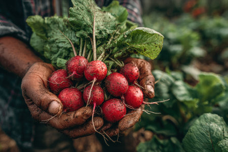 Farmer's hands display freshly picked radishes with green leaves, highlighting the rich colors and earthy textures of organic vegetables in a thriving gardenの素材