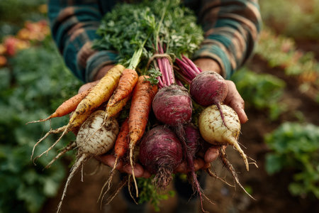 Hands holding a variety of freshly harvested vegetables, including carrots and beets, in a vibrant garden, highlighting the natural beauty and organic farming practicesの素材