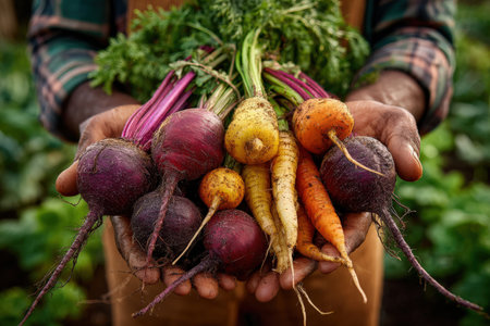 Hands holding a variety of colorful root vegetables, including beets and carrots, in a lush garden, highlighting the beauty of organic produce and sustainable agricultureの素材