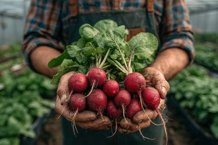 Farmer proudly displays freshly harvested red radishes with green leaves, hands covered in soil, surrounded by lush plants in a greenhouse, highlighting agricultural dedicationの素材