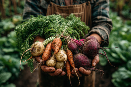 Individual displays a variety of freshly picked vegetables, including carrots and beets, in a thriving garden setting, emphasizing organic farming practices and healthy livingの素材