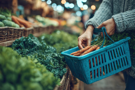 Female shopper is selecting fresh carrots from a market stall, surrounded by an array of green vegetables, emphasizing healthy lifestyle choices and community engagementの素材