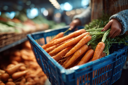 A person holds a blue basket filled with fresh carrots in a bustling market, surrounded by colorful vegetables, emphasizing the importance of fresh produce and healthy choicesの素材