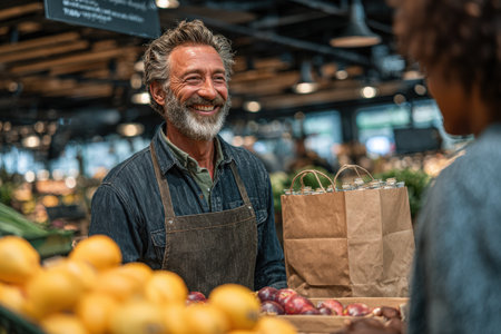 Older male vendor, wearing denim apron, is happily serving fresh fruits at a bustling market, creating a warm and inviting environment for shoppersの素材