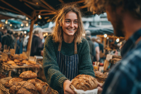 Young woman with blonde hair in a green sweater is joyfully serving freshly baked bread to a customer at a lively outdoor market, surrounded by various baked goods and peopleの素材