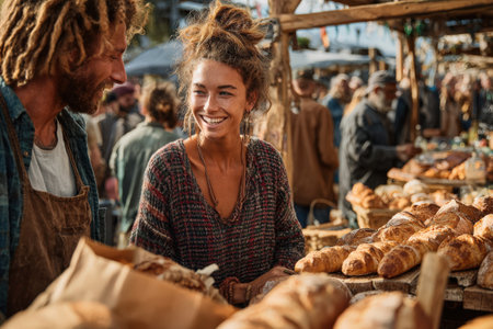 Cheerful woman engages with a man at a vibrant outdoor market, surrounded by an array of freshly baked bread and pastries, creating a warm community vibeの素材